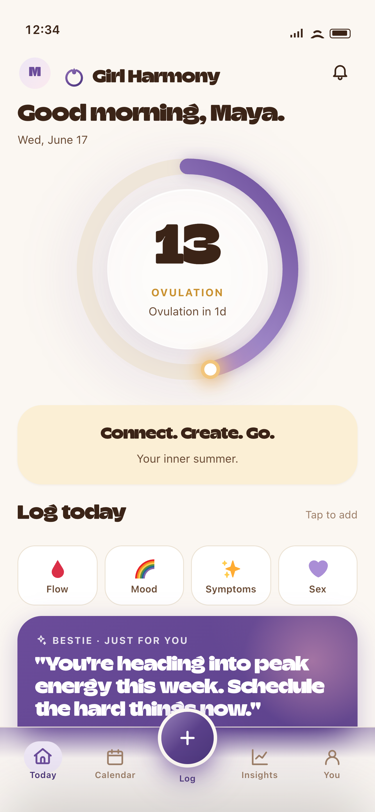 Girl Harmony home screen — your live cycle ring and a personalized note from Bestie, your AI cycle coach
